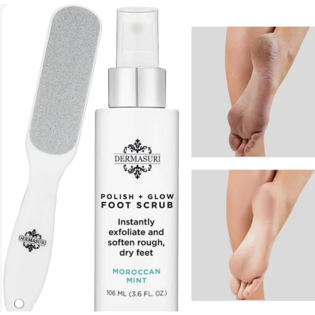 Foot scrub bottle and dual-sided foot file kit with gray filing pads and white spray top