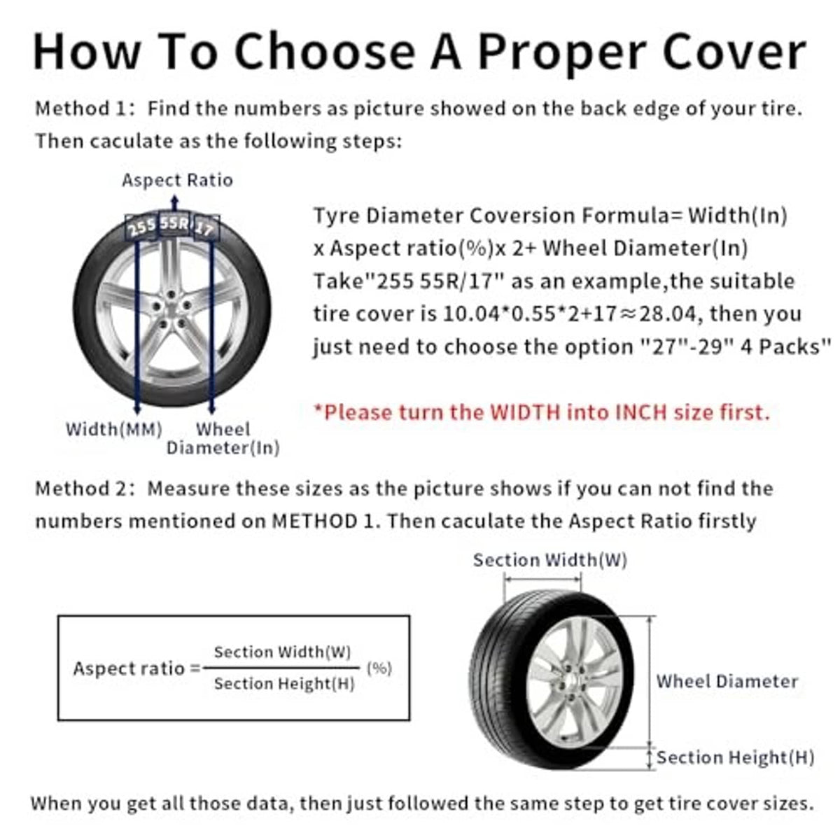 Tire cover size selection chart with wheel diameter and width measurement diagram