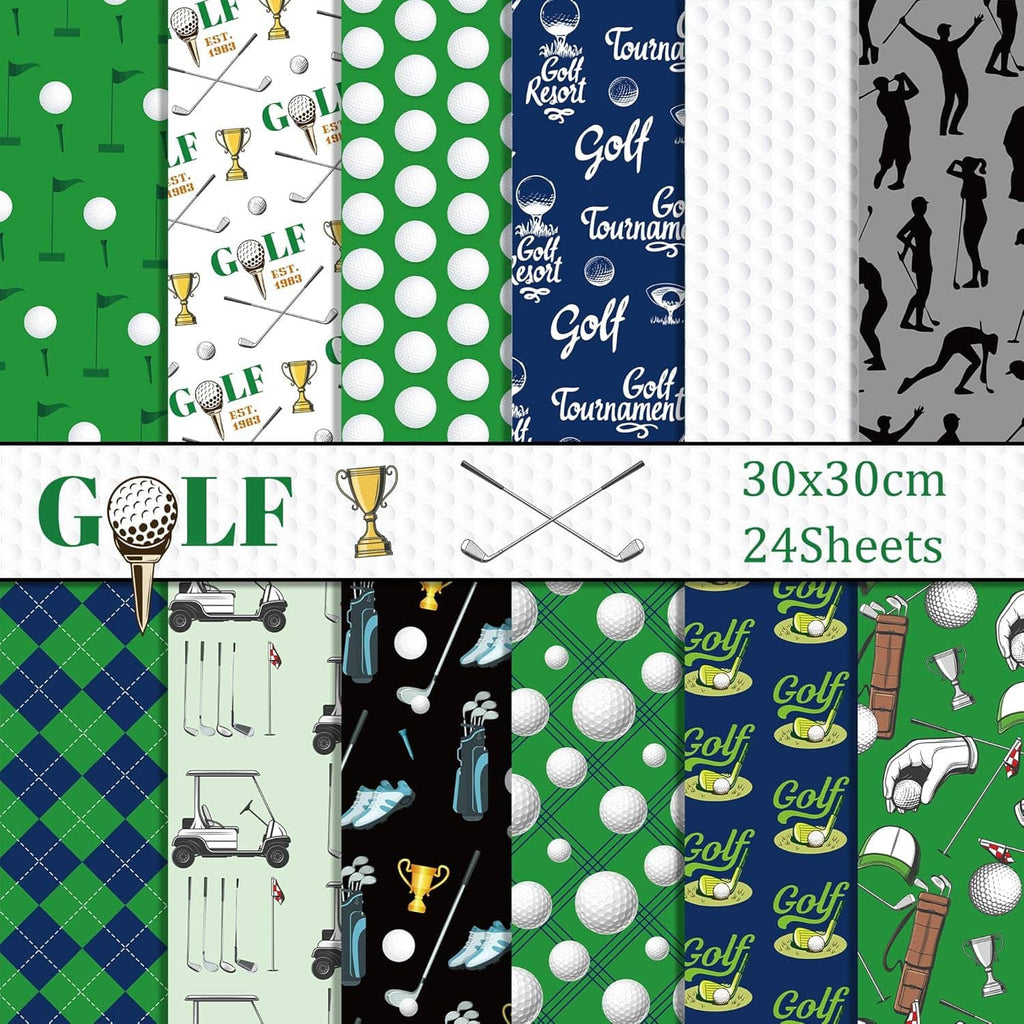 Golf scrapbook paper assortment showing tees, golf balls, trophies, and golfer silhouettes across sheets