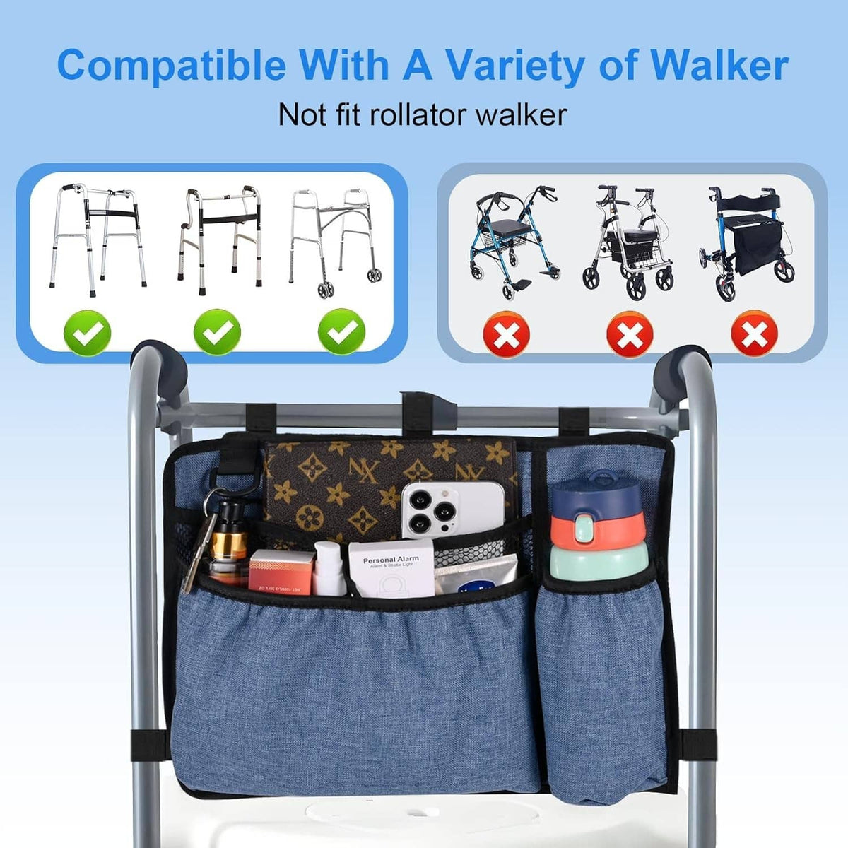 Blue denim walker bag organizer with phone pocket and cup holder on walker