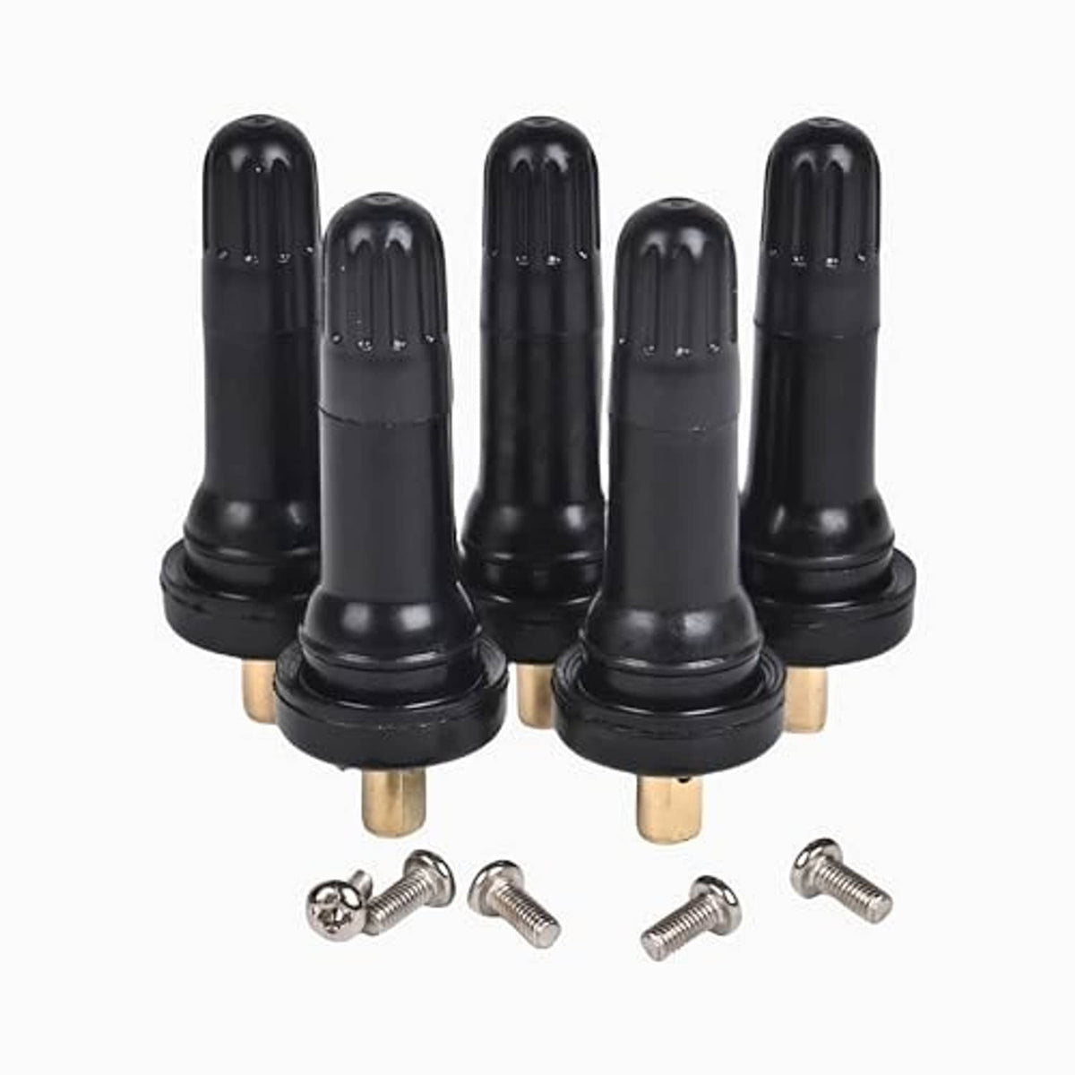 Five black snap-in tire valve stems with brass cores and mounting screws