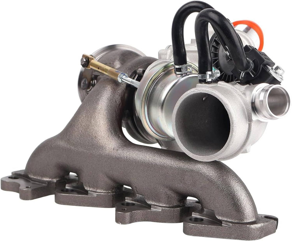 Turbocharger exhaust-side outlet with cast manifold, silver housing and dark inlet