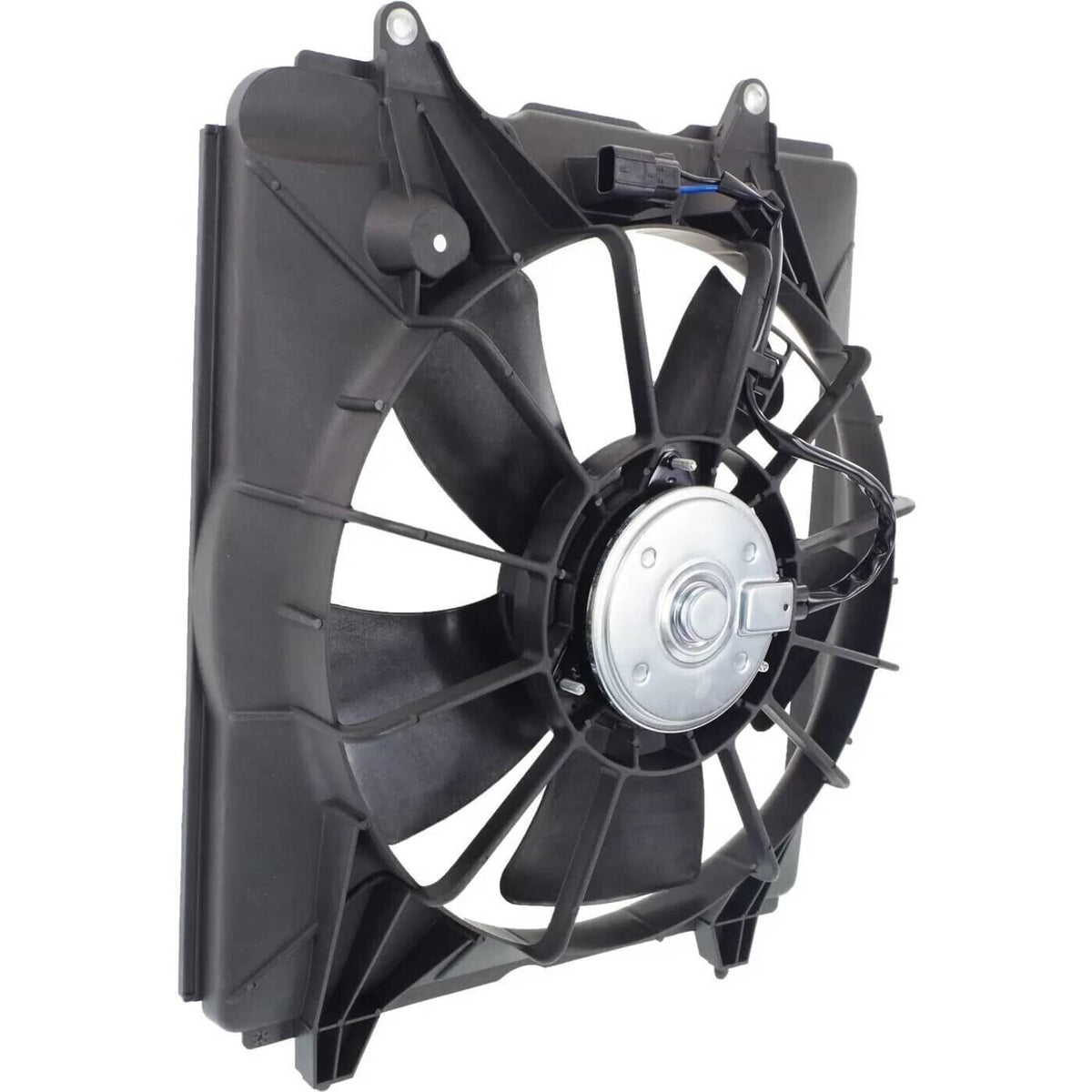 Black AC condenser cooling fan with shroud and circular motor mounting plate