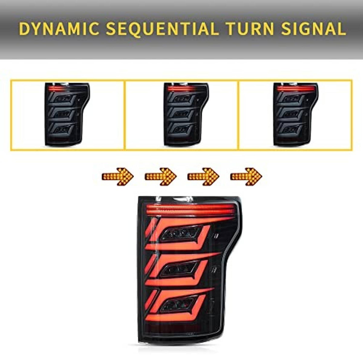 Smoked LED tail light with sequential turn signal pattern and arrowed light steps