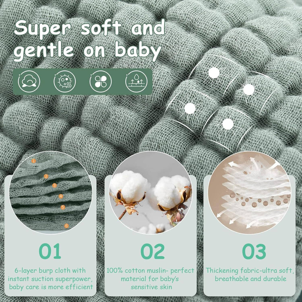 Sage green muslin burp cloth set, soft gauze texture shown with simple care icons layout
