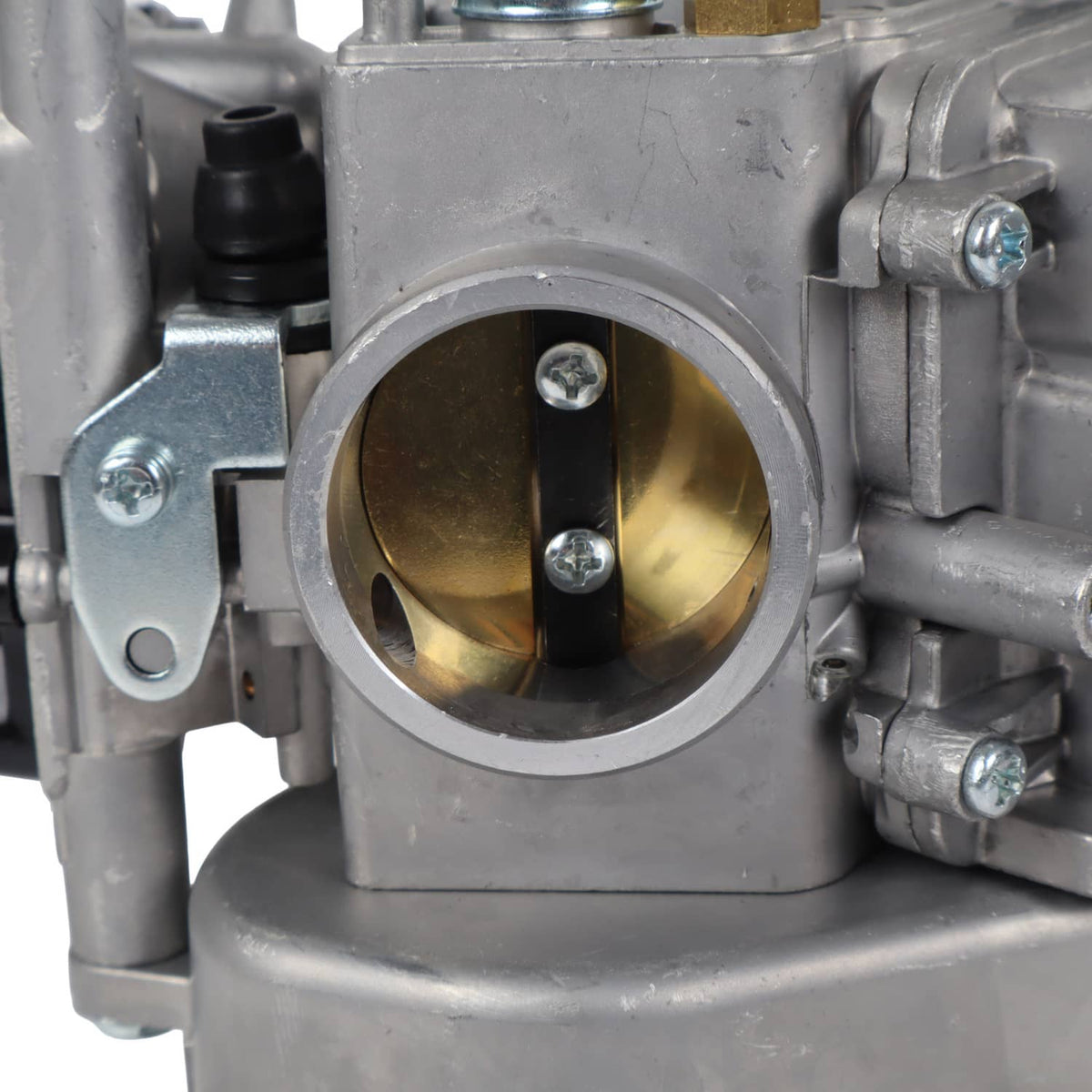 Carburetor throttle body with round bore and two mounting screws