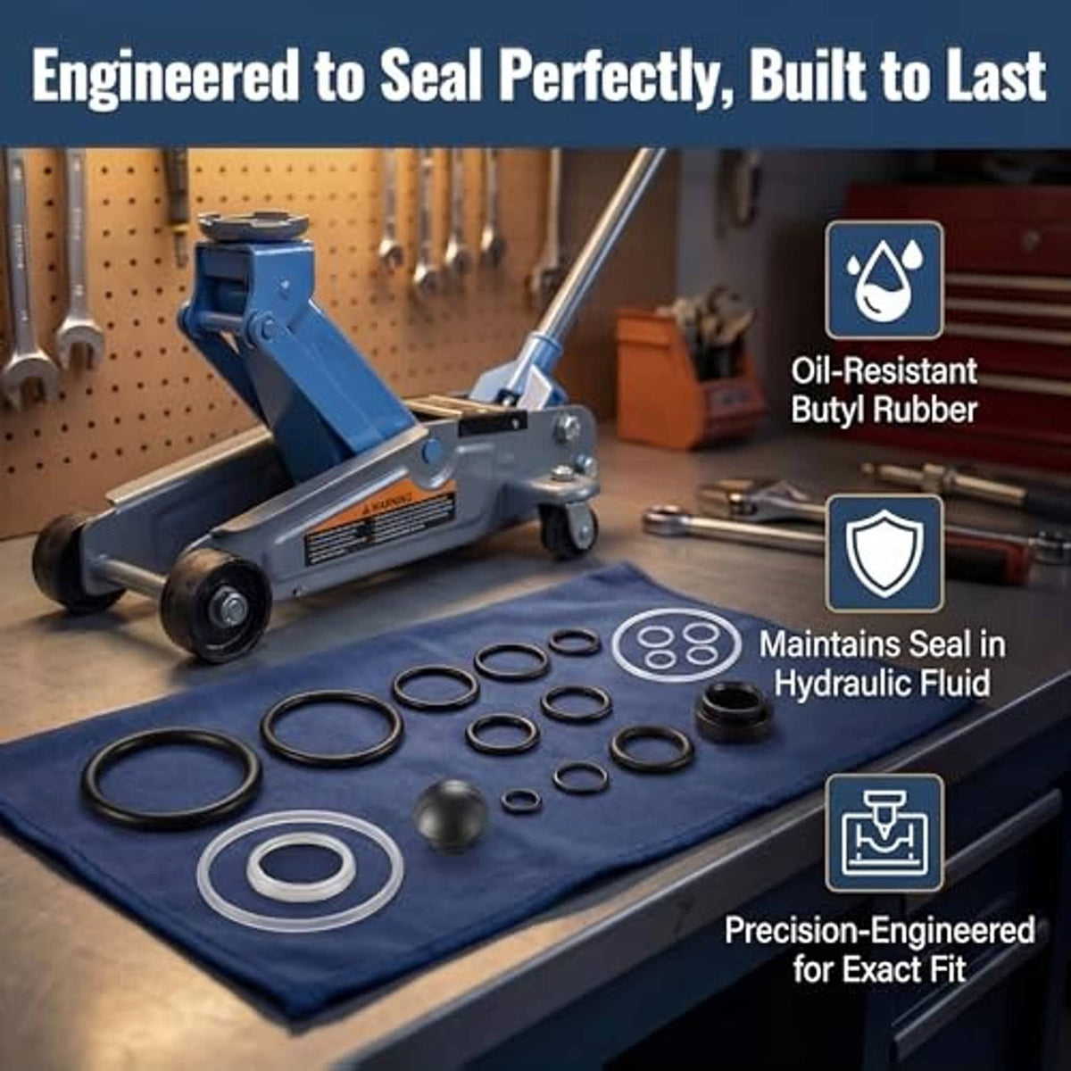 Hydraulic floor jack rebuild kit with seal rings and O-rings arranged on cloth