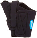 Black thumb CMC restriction splint with padded panel and hook-and-loop strap
