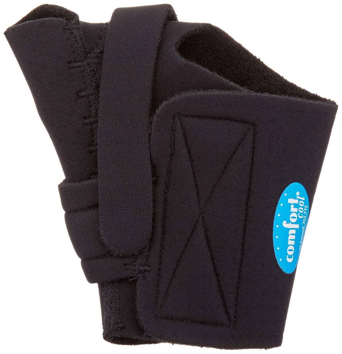 Black thumb CMC restriction splint with padded panel and hook-and-loop strap