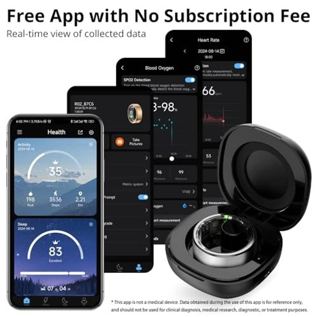 Smart ring charging case with multiple smartphones showing health app dashboards