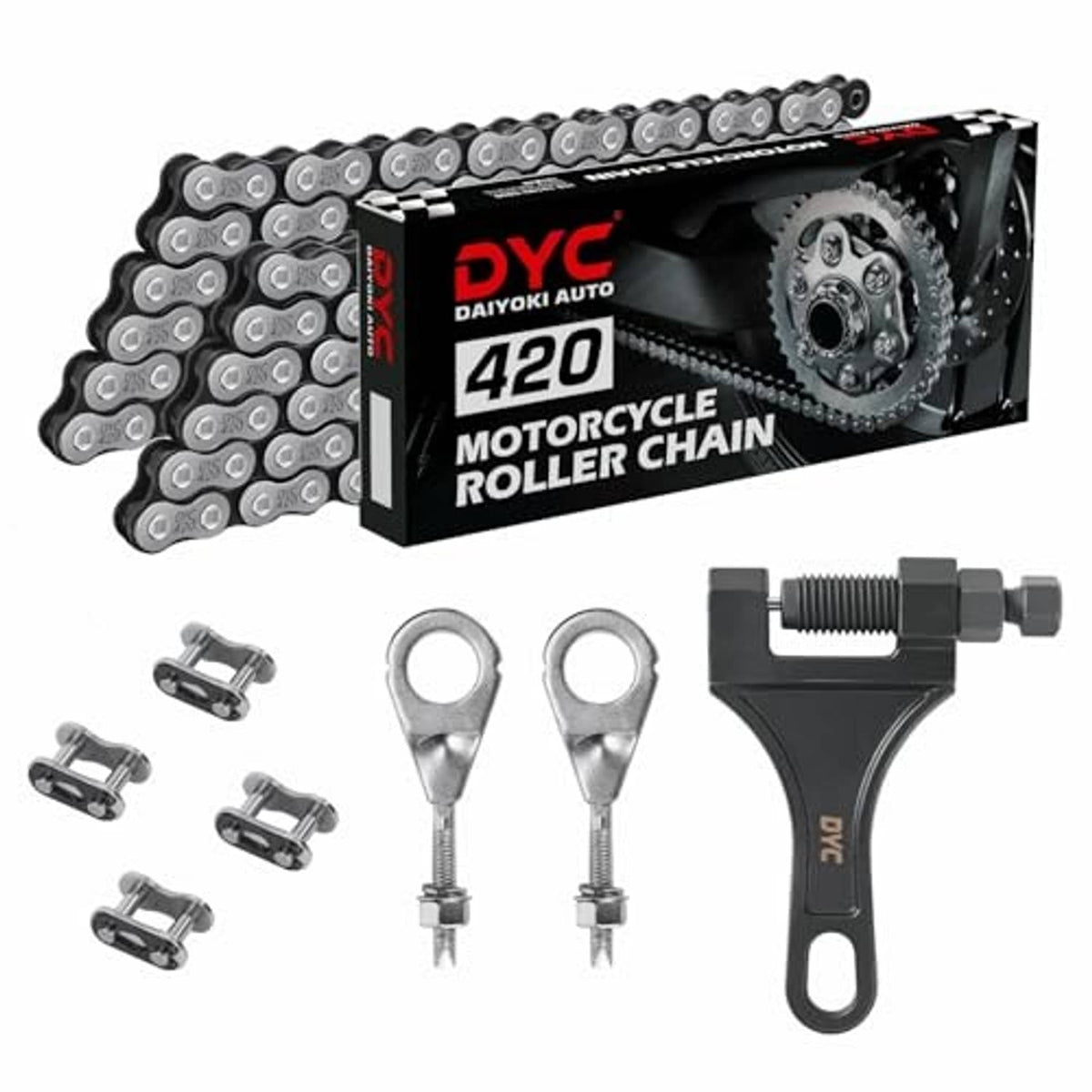 420 motorcycle roller chain set with jackshaft tool and chain, plus quick-link pieces