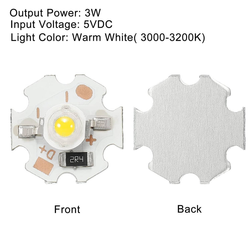 Warm white LED chip bead, front and back views with yellow lens on star-shaped base