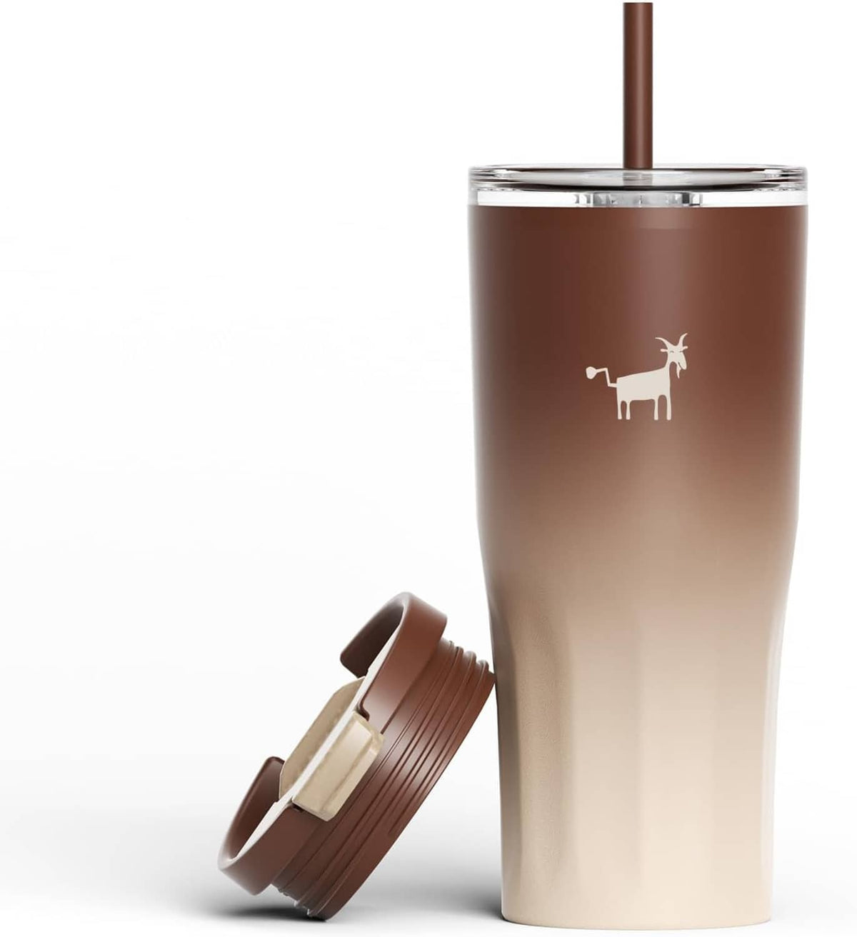 Two-tone travel tumbler with unicorn emblem, flip lid and straw, brown and cream finish.