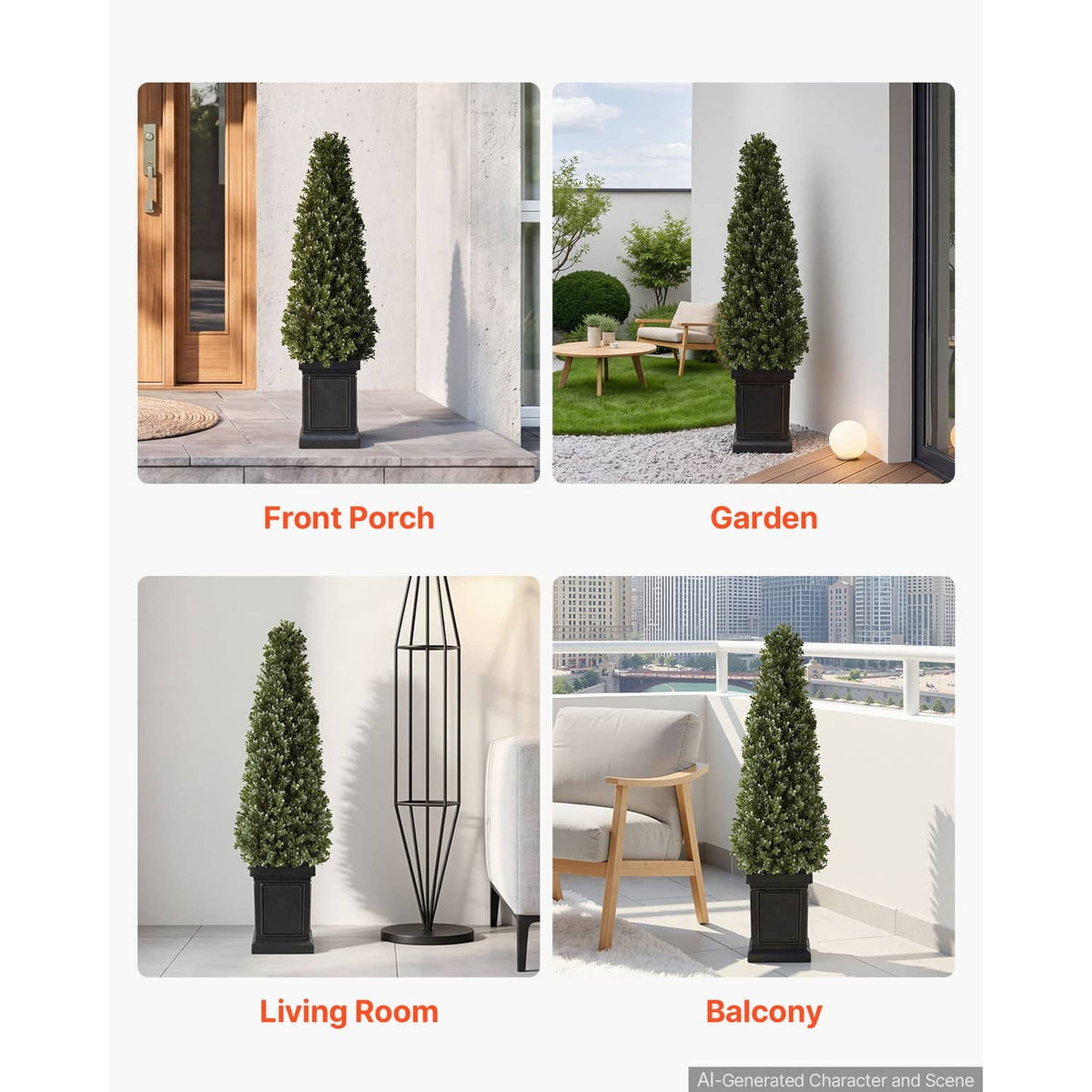 Artificial boxwood topiary pair, dark green cone trees in black square pots in indoor and outdoor scenes
