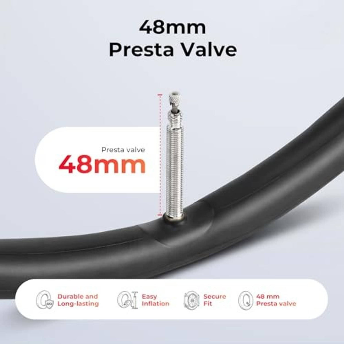 Black bike inner tube with 48mm Presta valve
