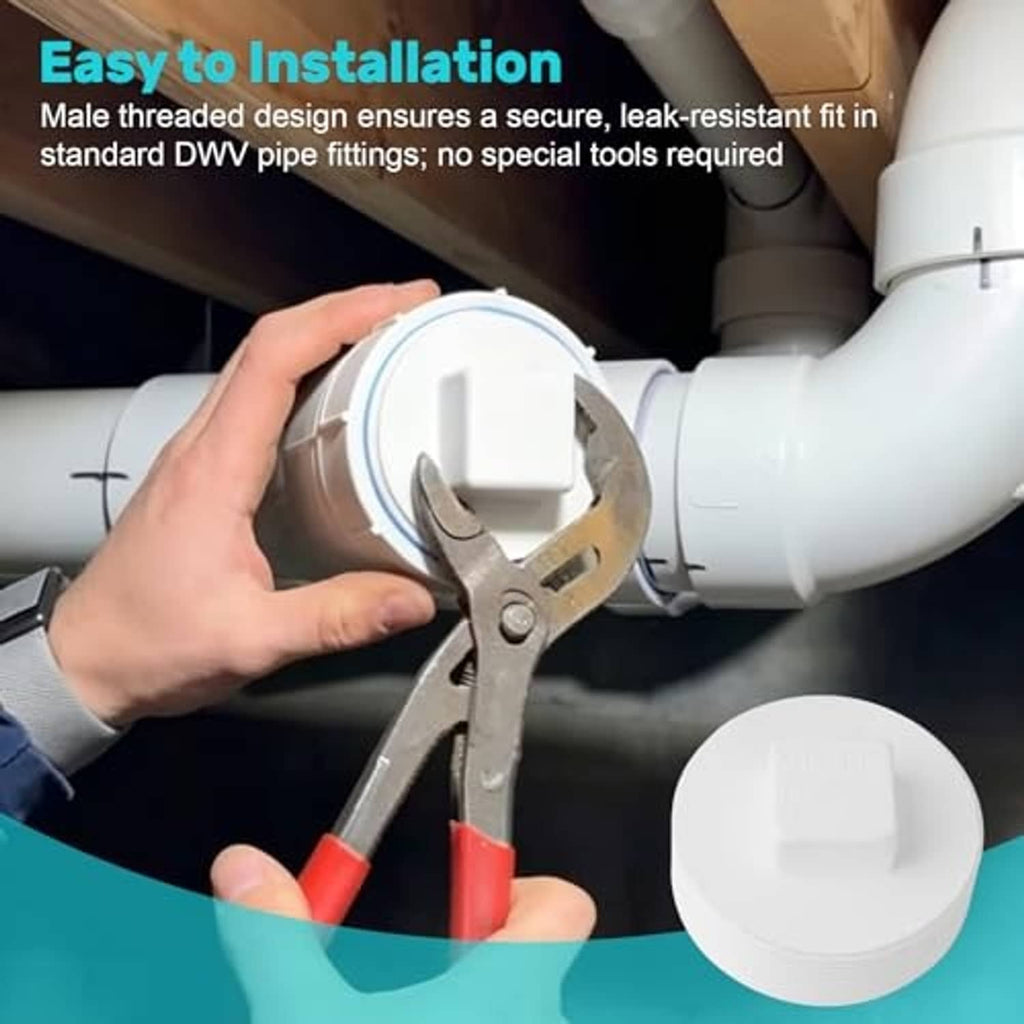 White PVC sewer cleanout plug being installed on threaded DWV pipe fitting
