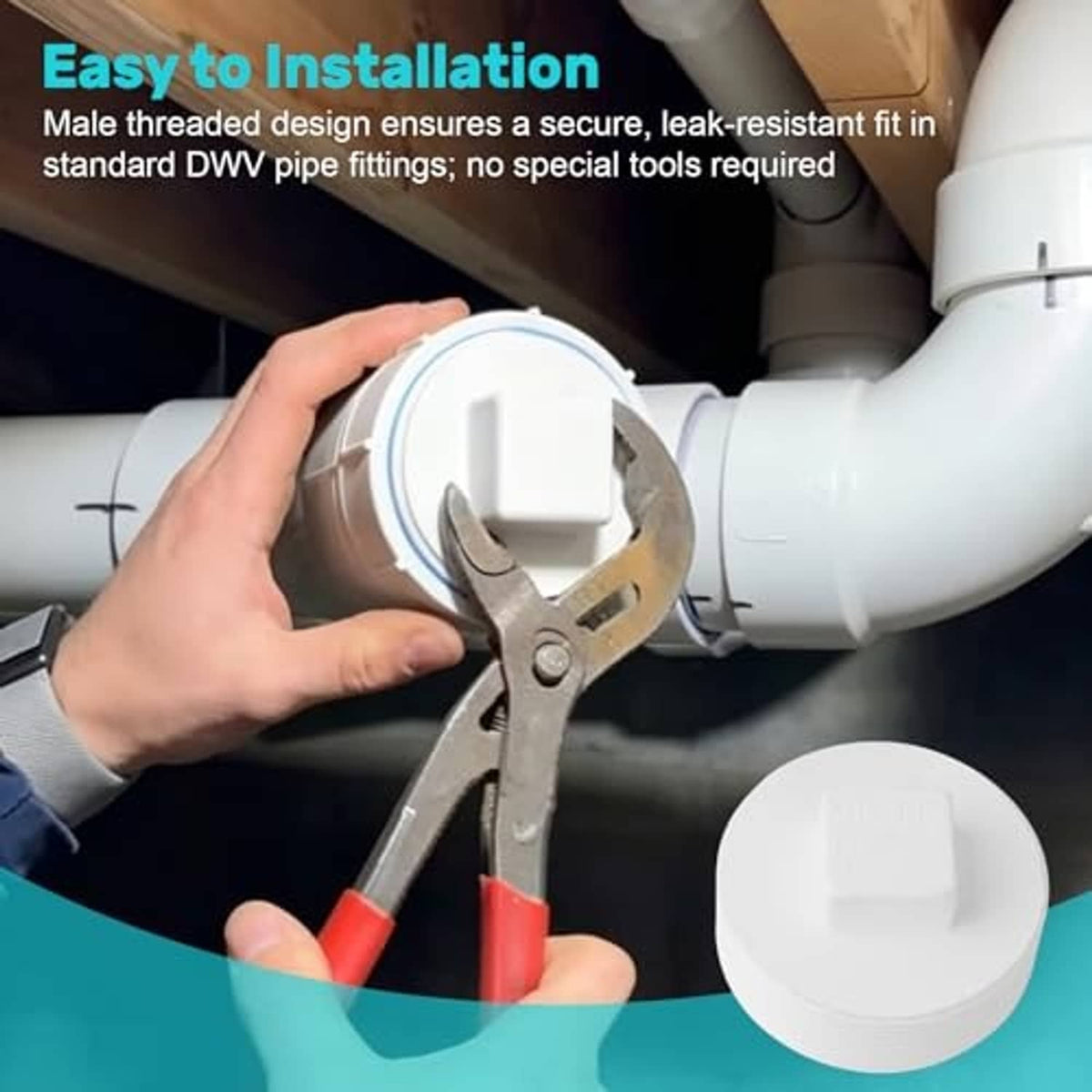 White PVC sewer cleanout plug being installed on threaded DWV pipe fitting