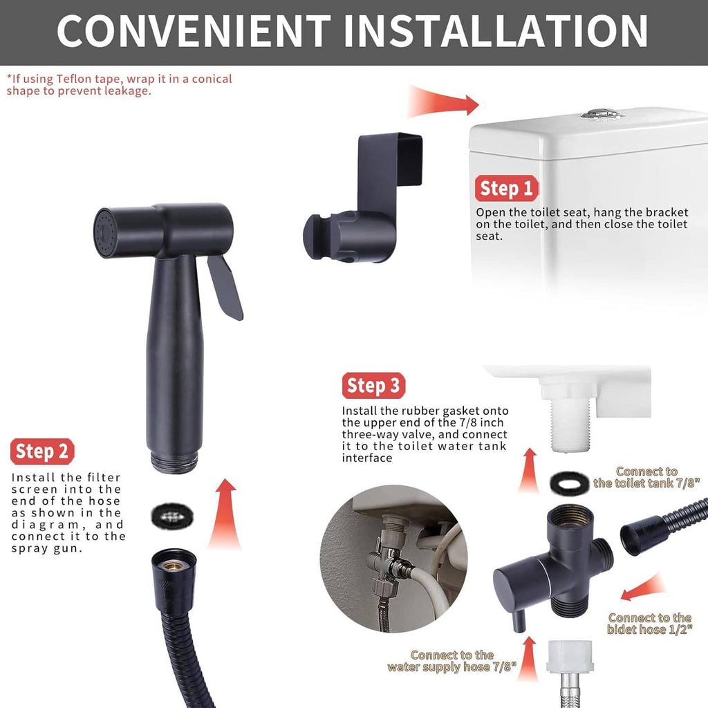 Black bidet sprayer and three-way valve set with braided hose for DIY installation