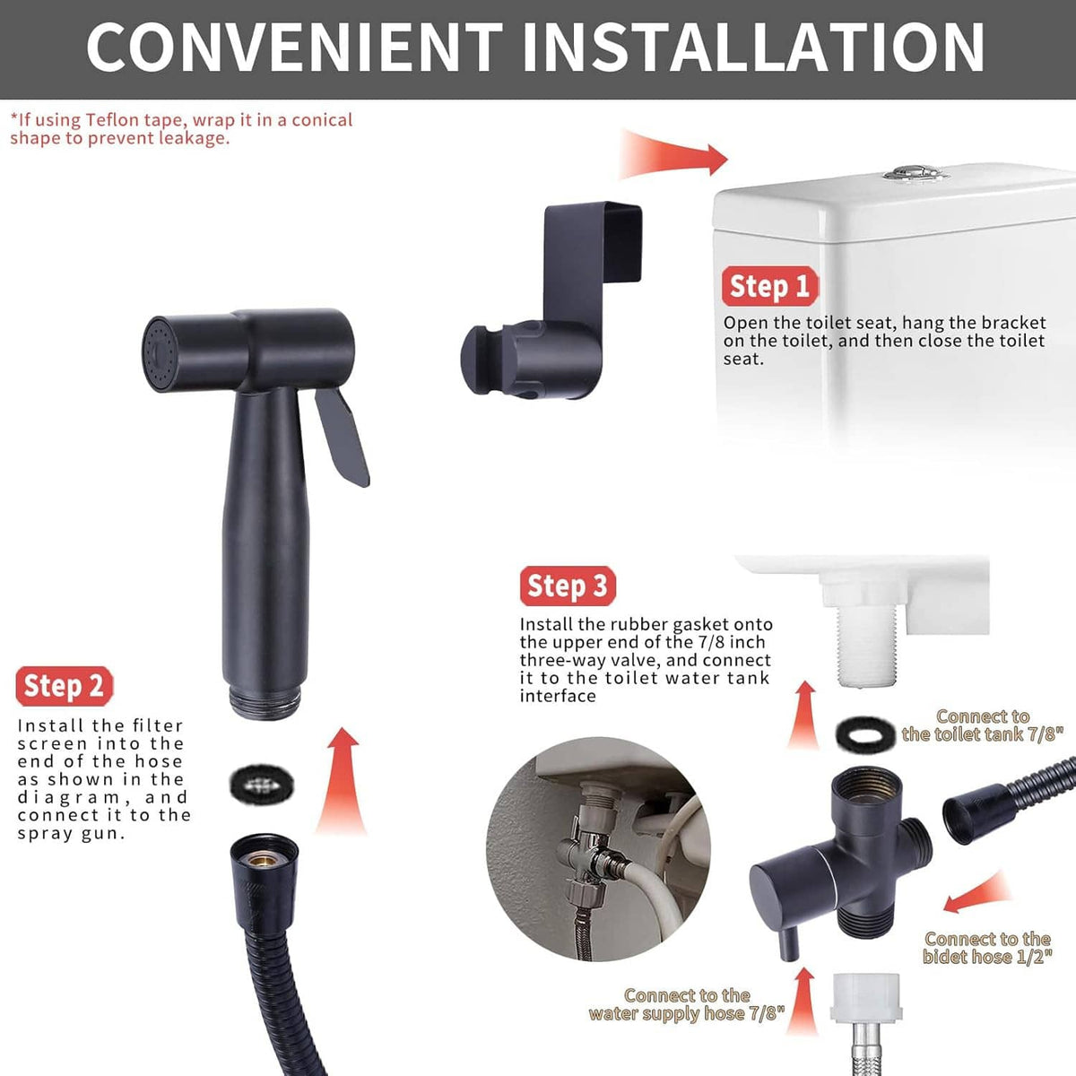 Black bidet sprayer and three-way valve set with braided hose for DIY installation