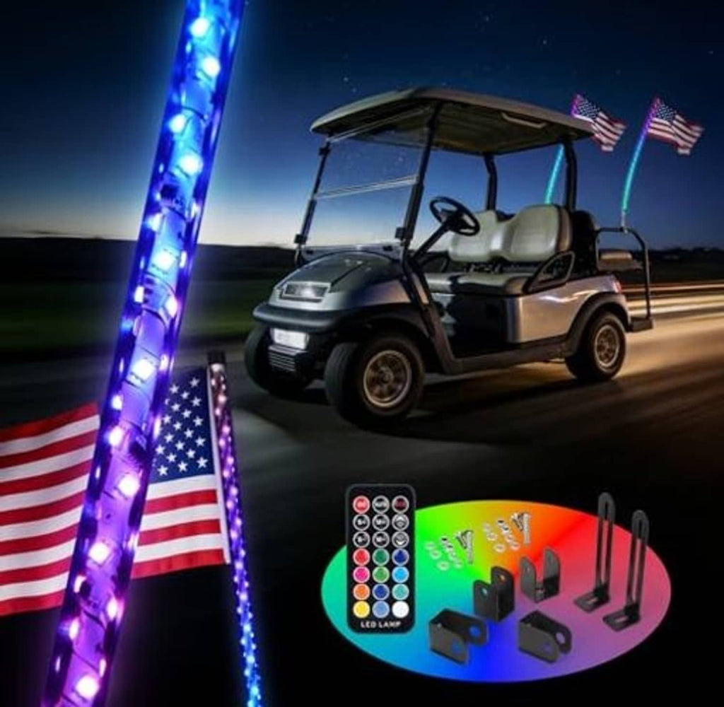 Blue LED golf cart whip lights with remote and controller accessory shown