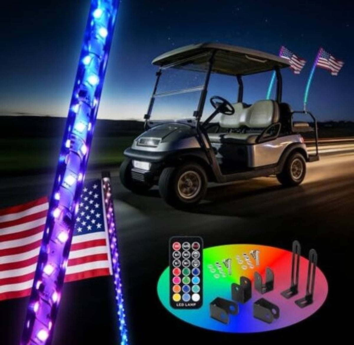 Blue LED golf cart whip lights with remote and controller accessory shown