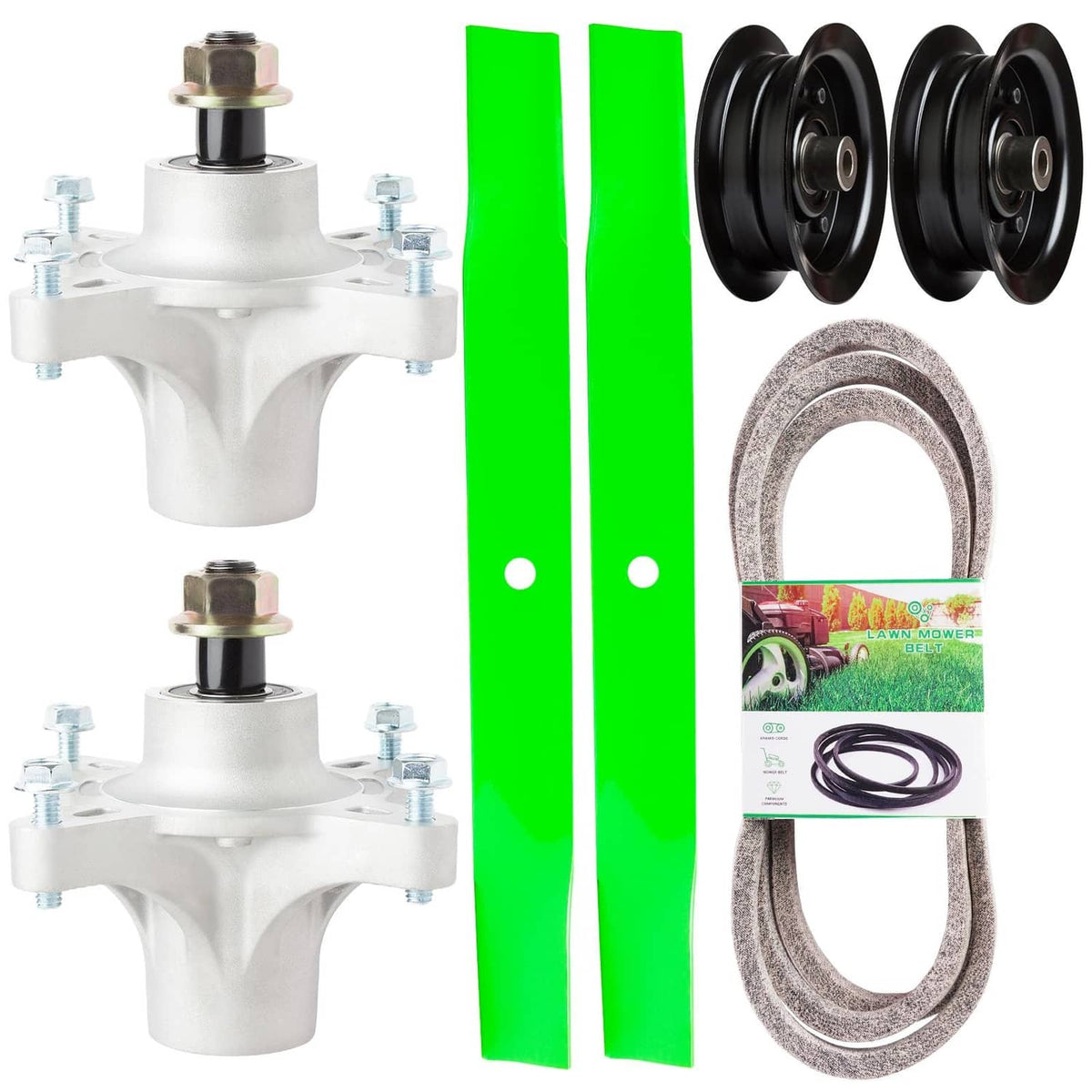 42-inch mower deck rebuild kit with white spindles, black pulleys, green blades, belt
