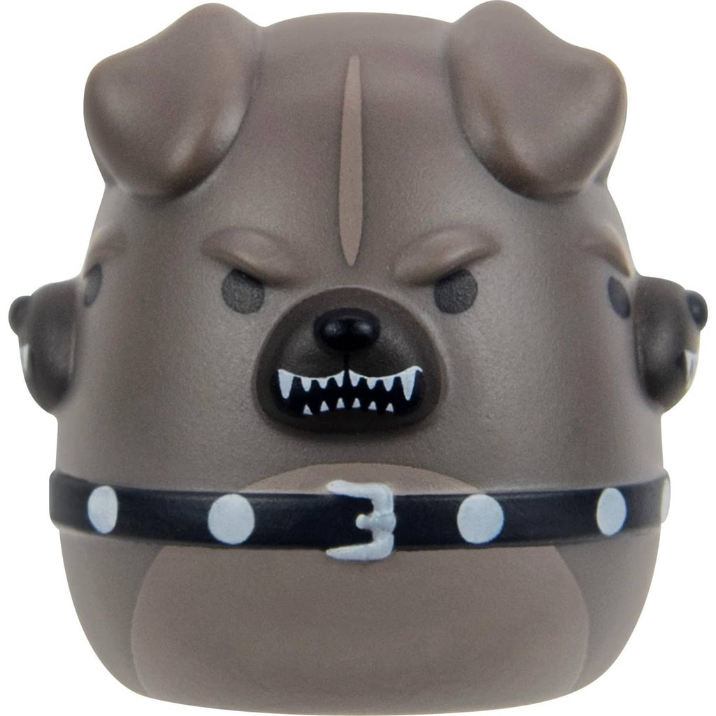 Mini squish toy figure of a dark grey wolf-like creature with open mouth
