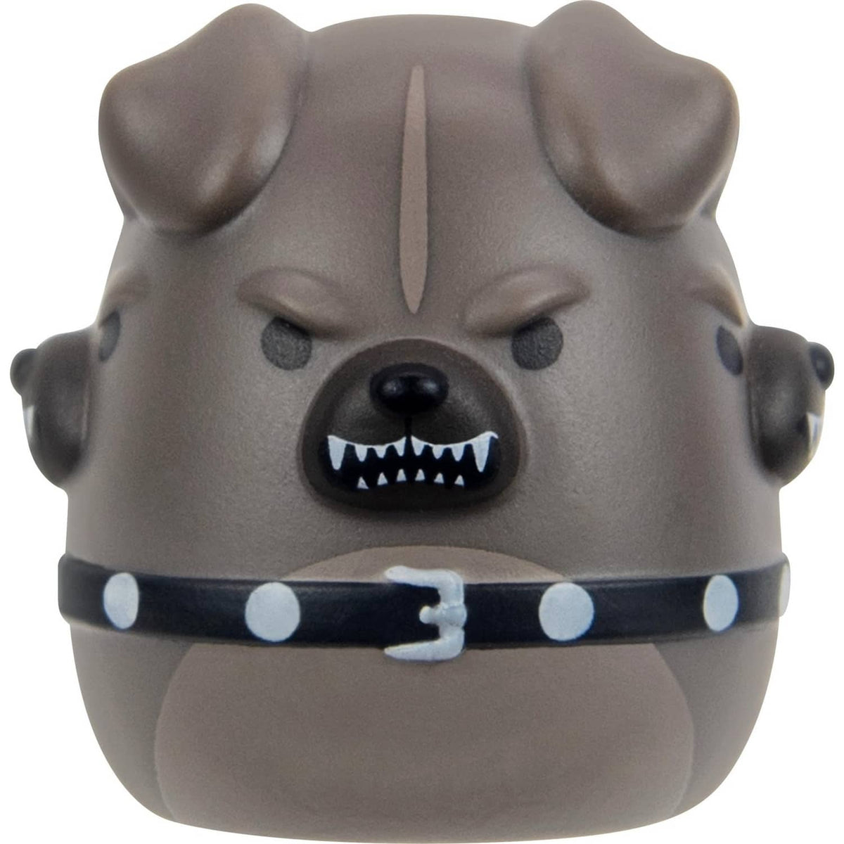 Mini squish toy figure of a dark grey wolf-like creature with open mouth
