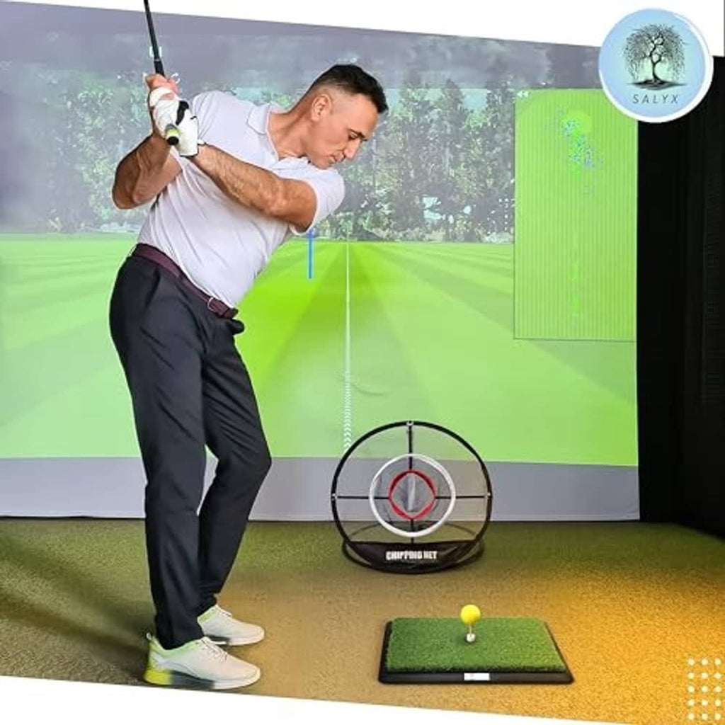 Small green golf practice mat with foam ball and target ring stand for indoor use