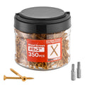 Wood screw set jar with gold T25 star-drive screws and two metal connectors