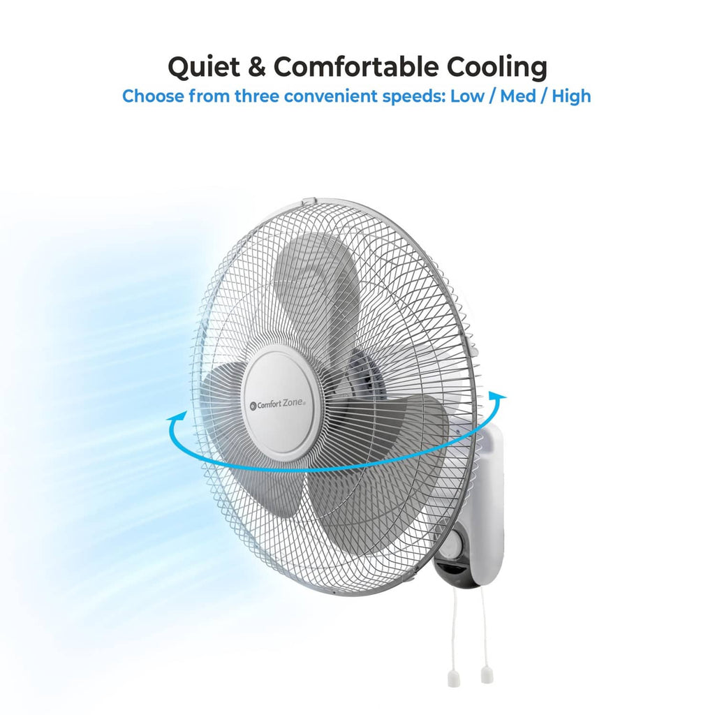 Comfort Zone wall mount fan with three speed settings and oscillation motion