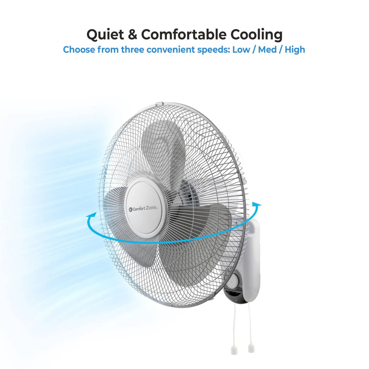Comfort Zone wall mount fan with three speed settings and oscillation motion