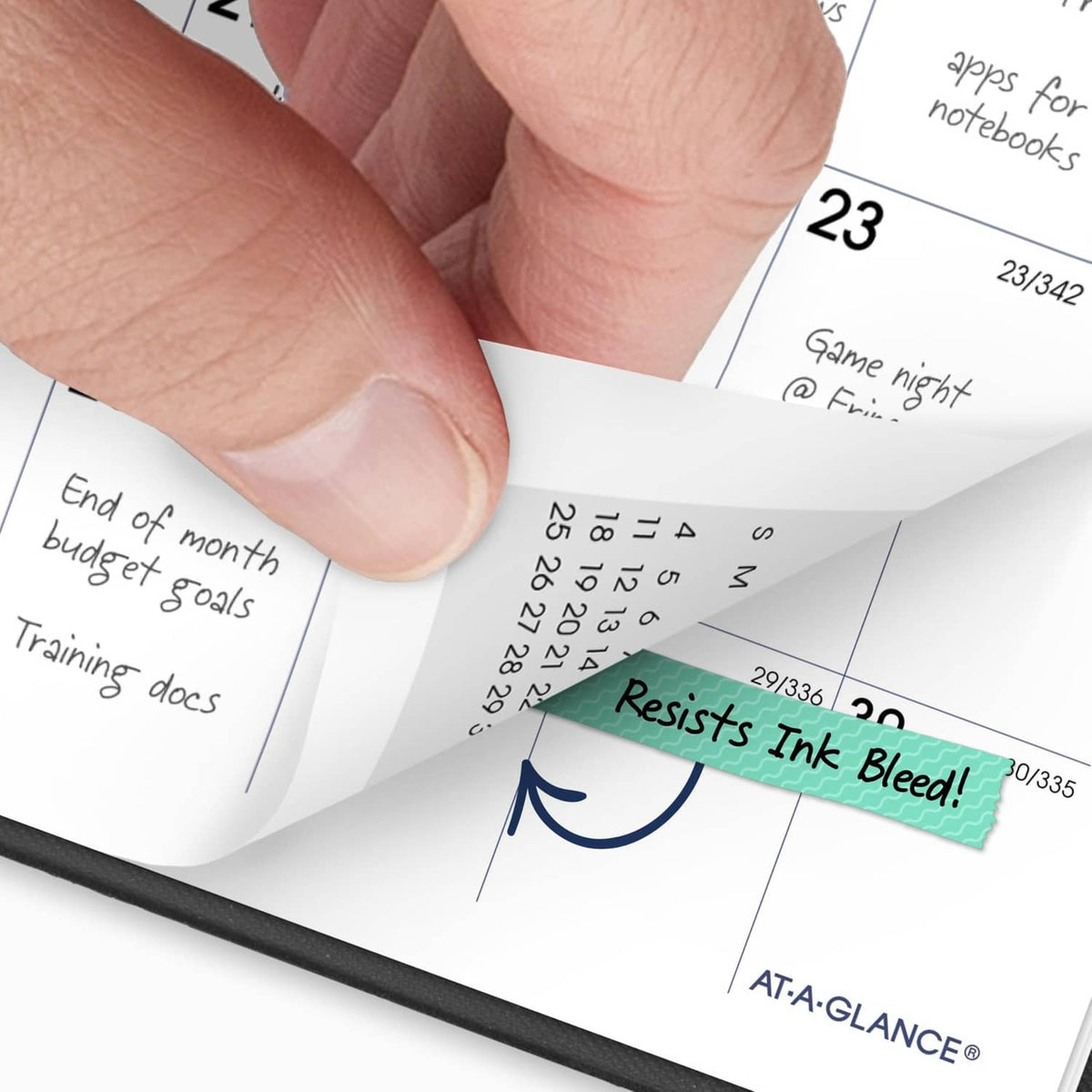 Close-up of handwritten notes on AT-A-GLANCE 2027 planner with “Resists Ink Bleed”