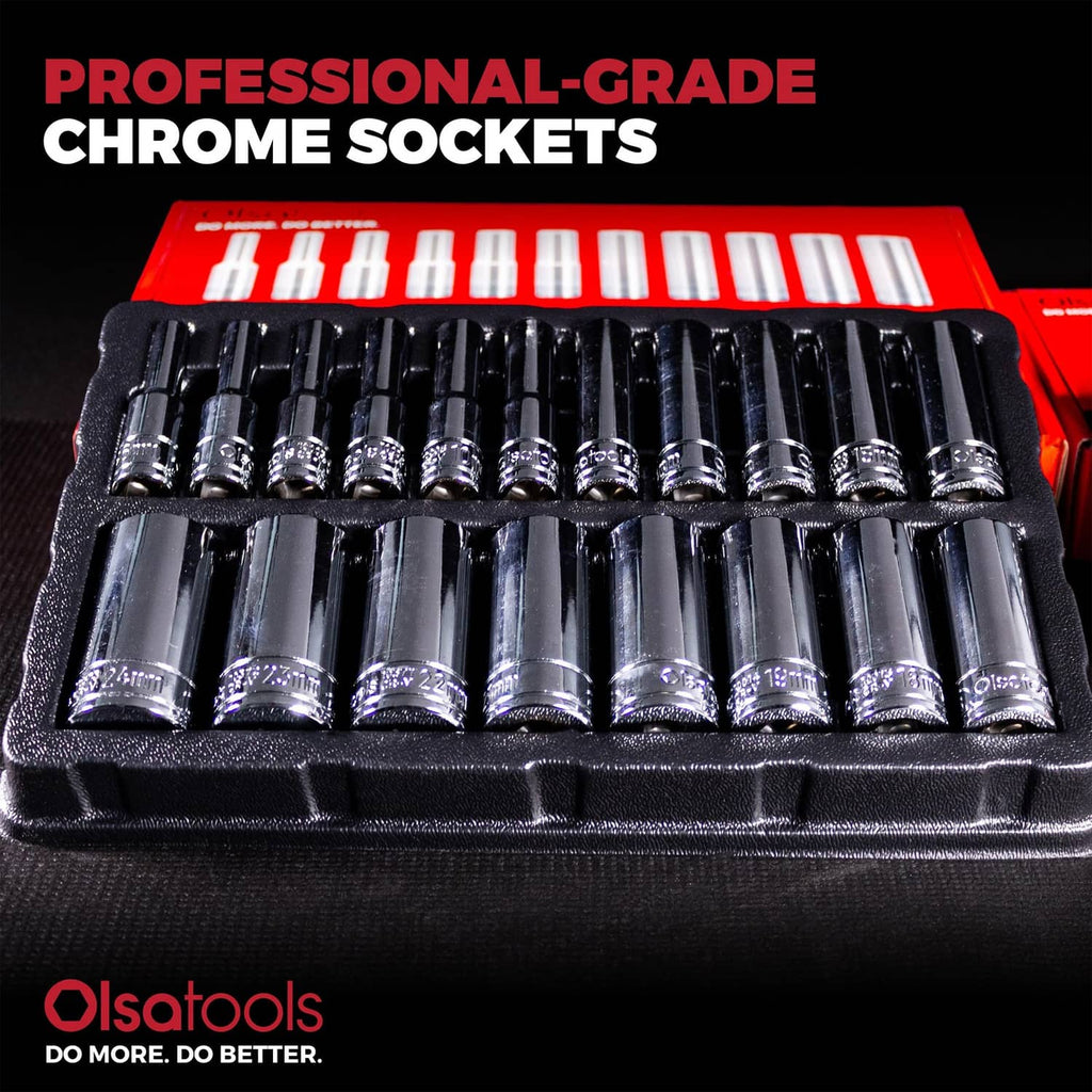 Professional chrome deep sockets in a black foam tray