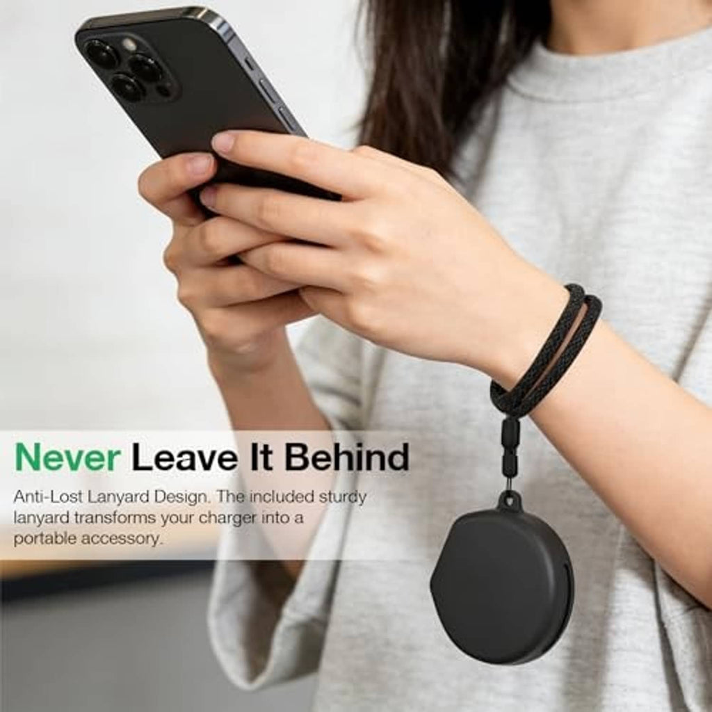 Black silicone charging case cover with adjustable lanyard for hands-free carry.