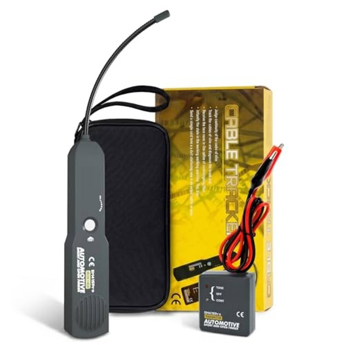Automotive circuit tester kit with gray probe, red/black lead wires, and black pouch
