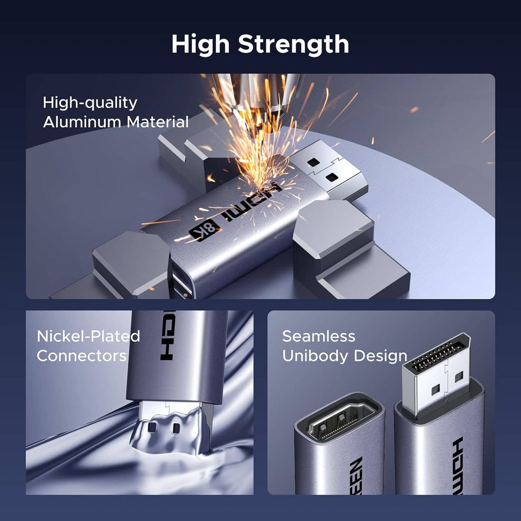 UGREEN active DisplayPort to HDMI adapter, close-up showing DP and HDMI terminals