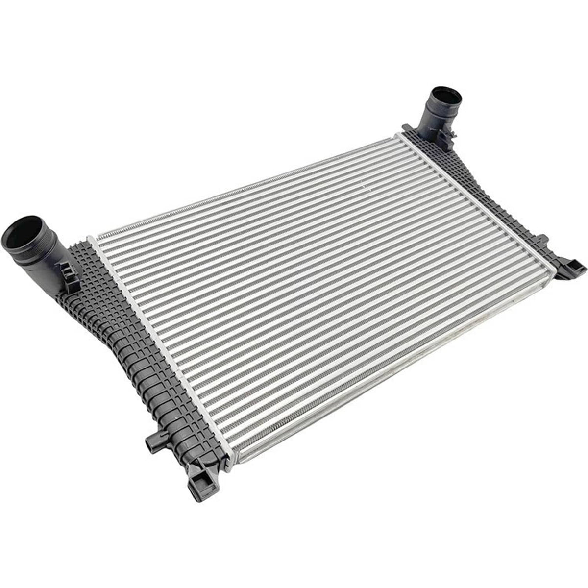Turbo charge air intercooler, perspective view with silver core and black intake tubes