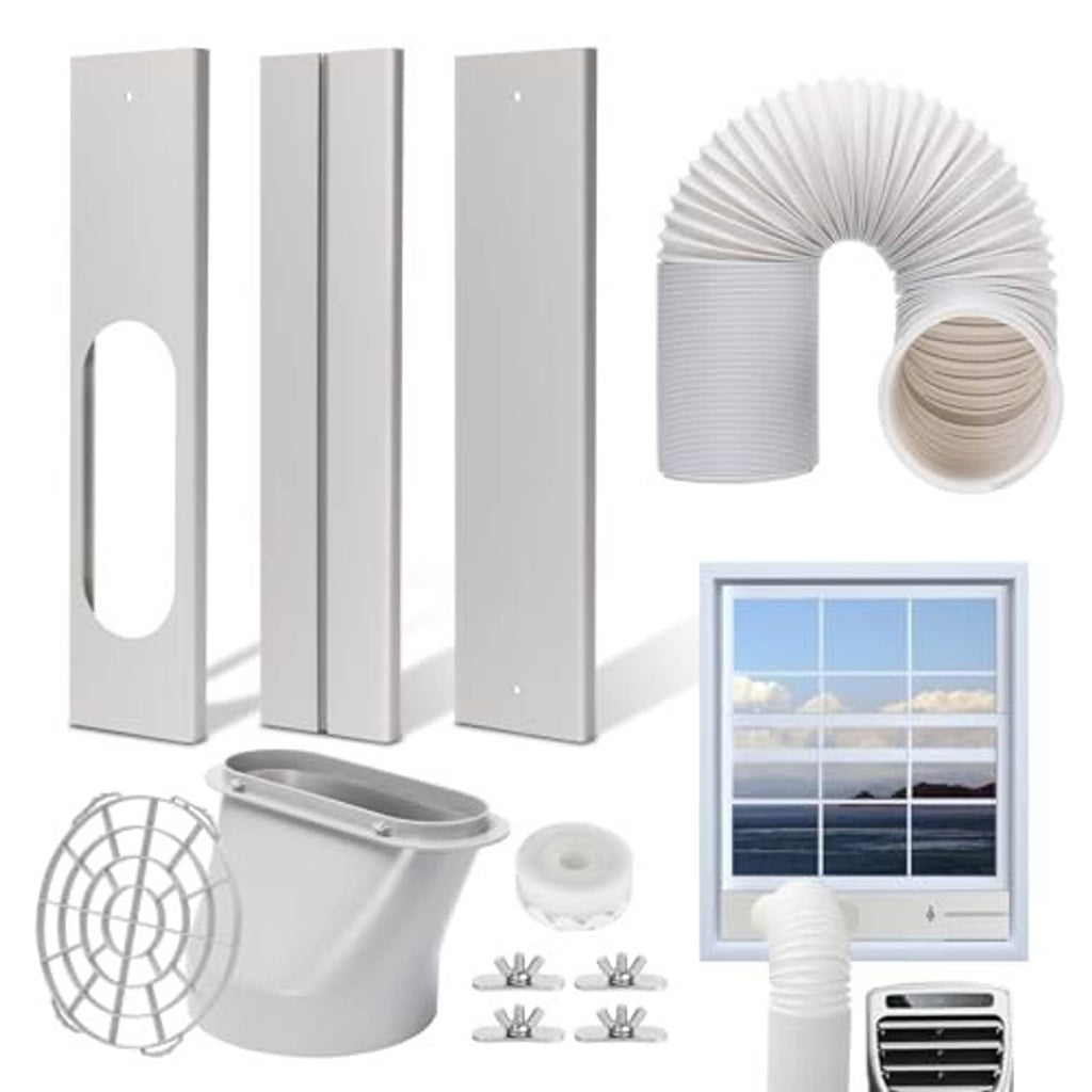 Air conditioner window mounting kit with three accordion panels, duct hose, and included parts