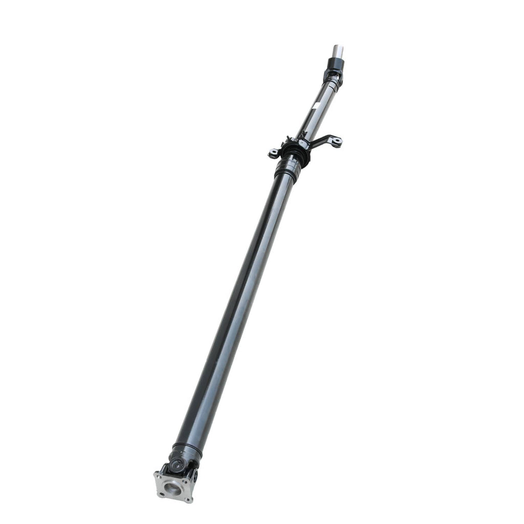 Rear drive shaft with universal joint and yoke on a blue-coated metal tube