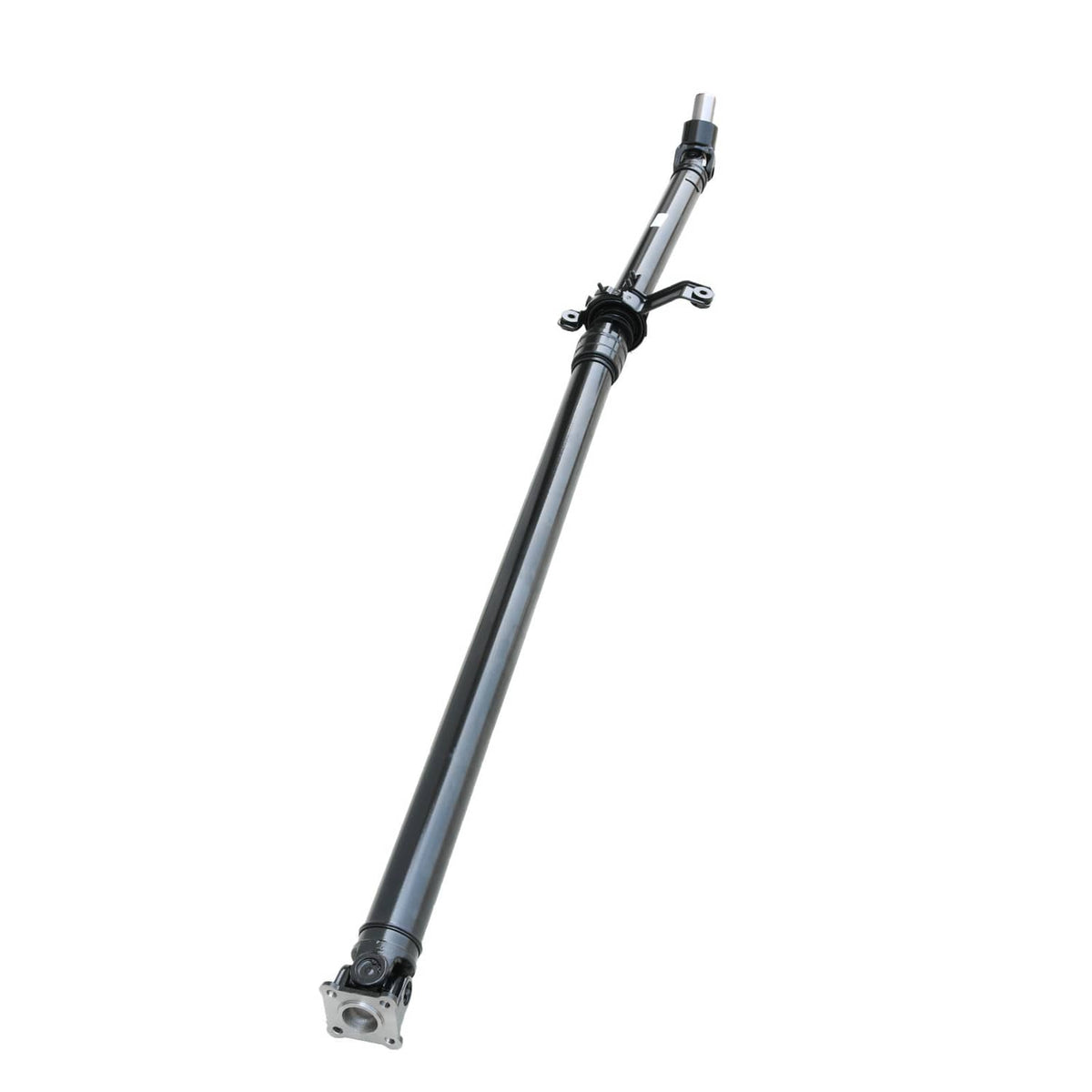 Rear drive shaft with universal joint and yoke on a blue-coated metal tube