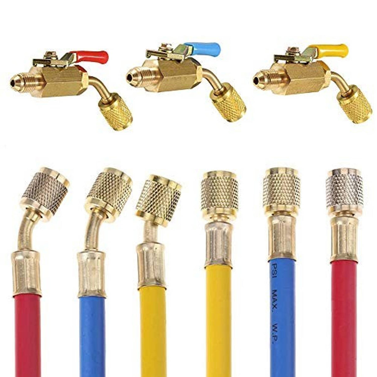 Refrigerant hose ball valves with red, blue, and yellow lever handles and brass threads