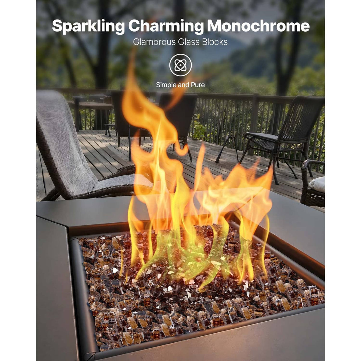 Copper glass fire pit rocks in a metal fire box with flames above