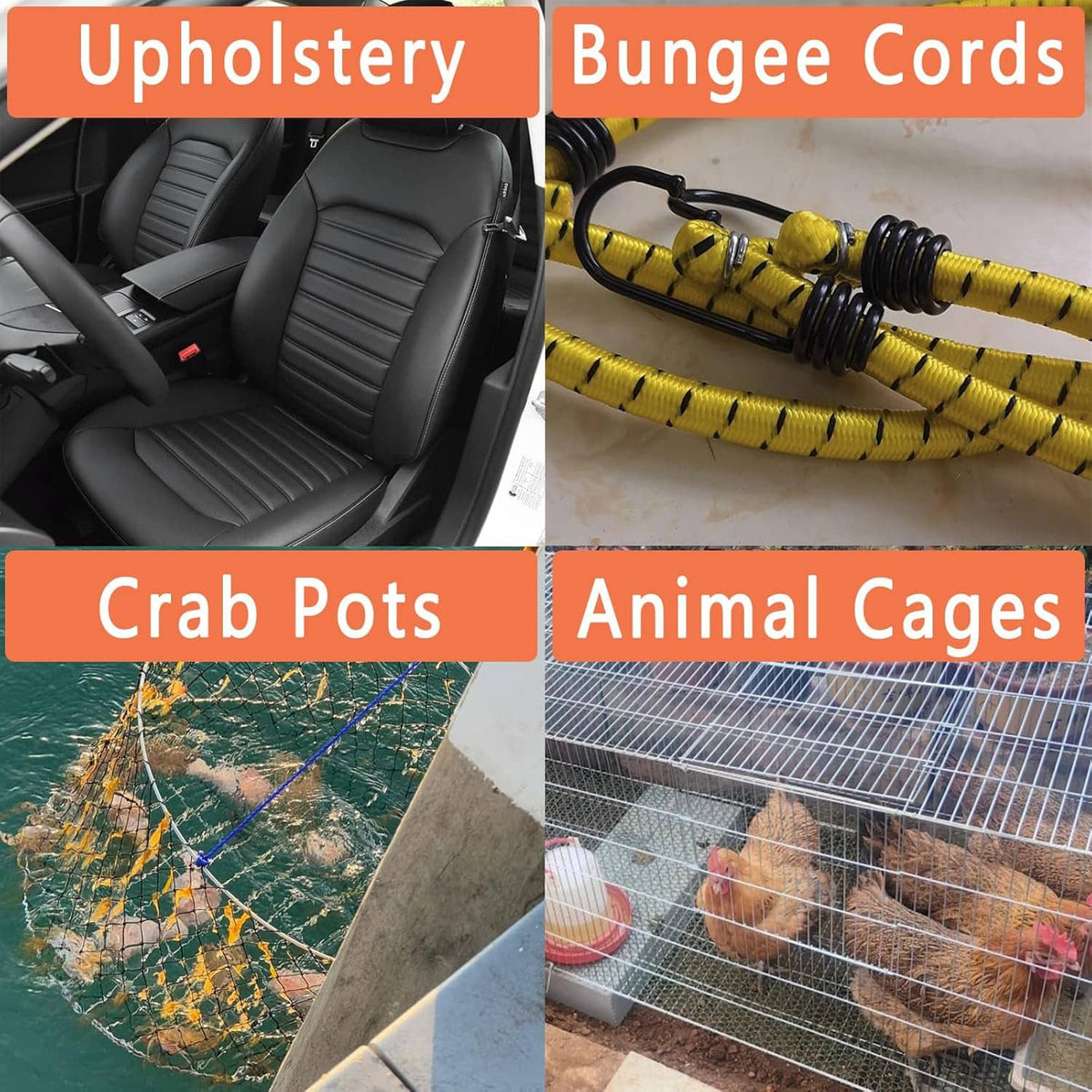 Hog ring use for upholstery, bungee cords, crab pots, and animal cages