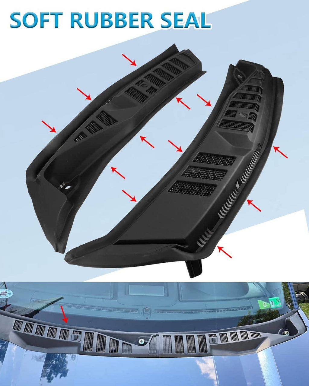 Black cowl panel set with molded rubber seal edge and vented channels