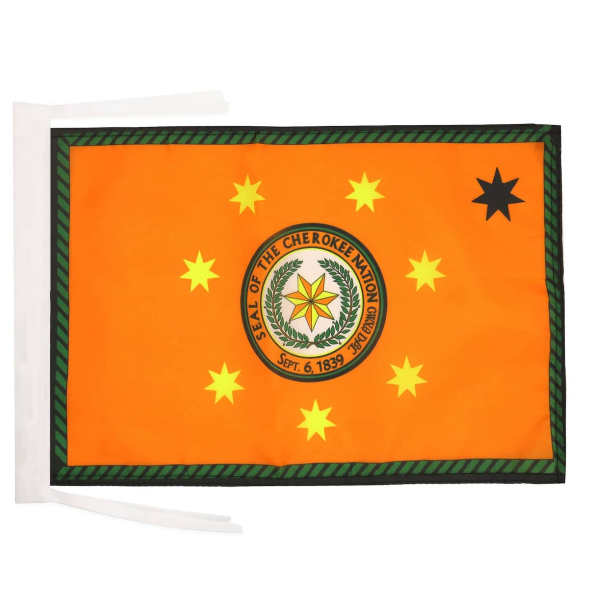 Cherokee Nation flag with orange field, green/black border, circular emblem and yellow stars