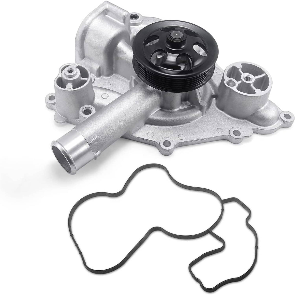 Automotive water pump with black pulley, silver housing, and black gasket set
