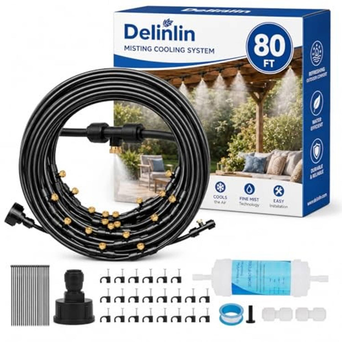 Misting cooling system kit with black tubing, brass connectors, and nozzles