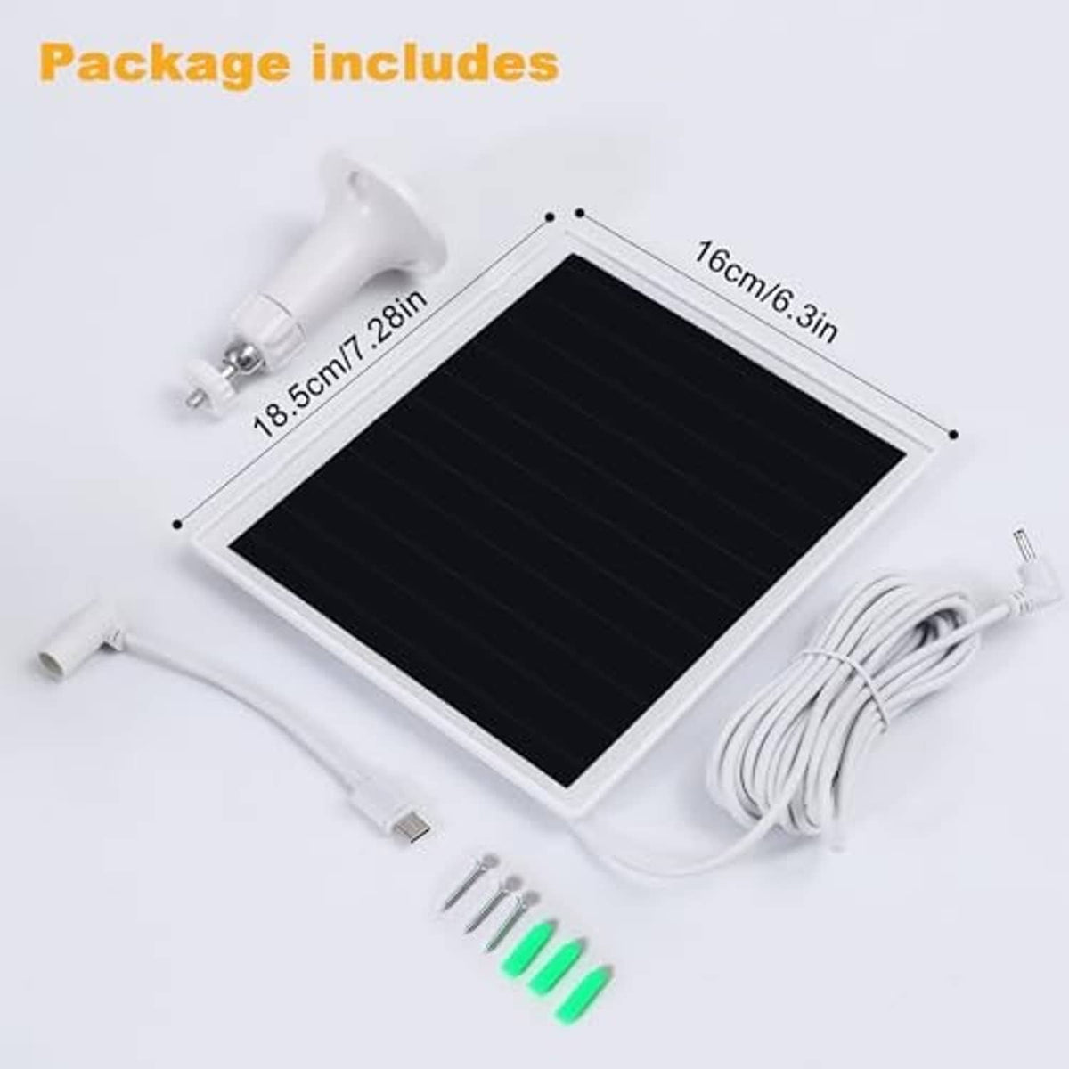 Solar panel charger kit contents: panel, wall mount, cable, and mounting screws