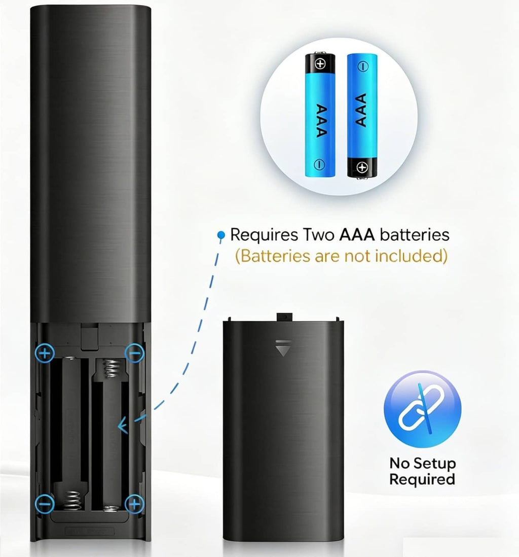Black TV remote with AAA battery compartment open, showing contacts and cover